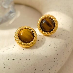💎24K Gold Round Earrings*Tiger’s Eye Earrings*